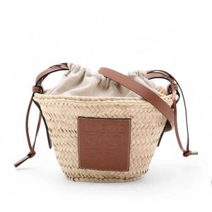 LOEWE x Paula's Ibiza Basket Bucket Bag Palm Leaf Drawstring Pouch Leather Strap